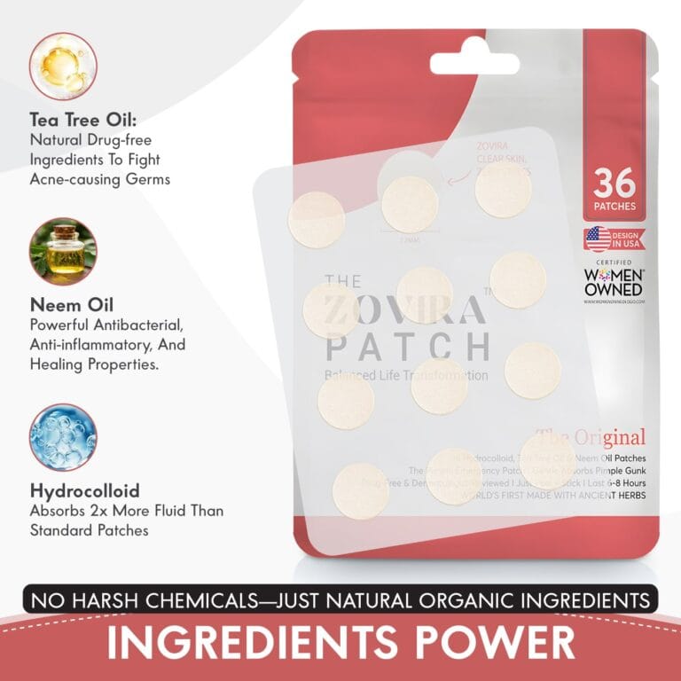 Zovira Original Acne Patch packaging featuring tea tree oil, neem oil, and hydrocolloid ingredients for acne relief.