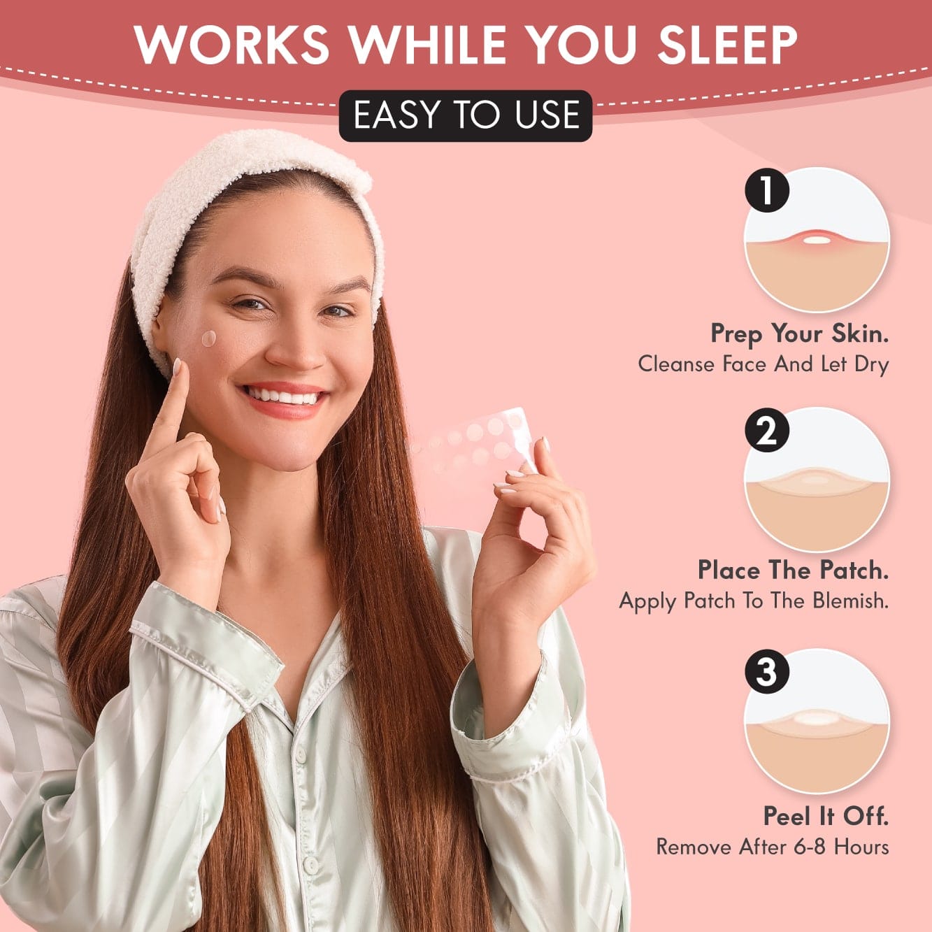 Smiling woman applying blemish Zovira Original Acne patch with application steps, 'Works While You Sleep,' easy skincare routine.