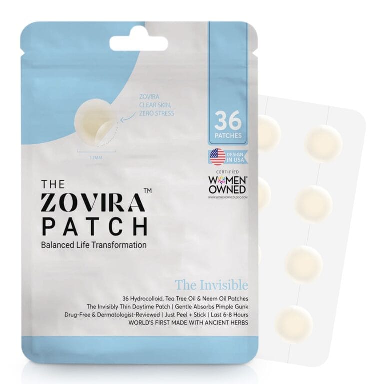 Zovira Invisible Pimple Patch packaging with 36 acne patches, showcasing hydrocolloid, tea tree, and neem oil ingredients.