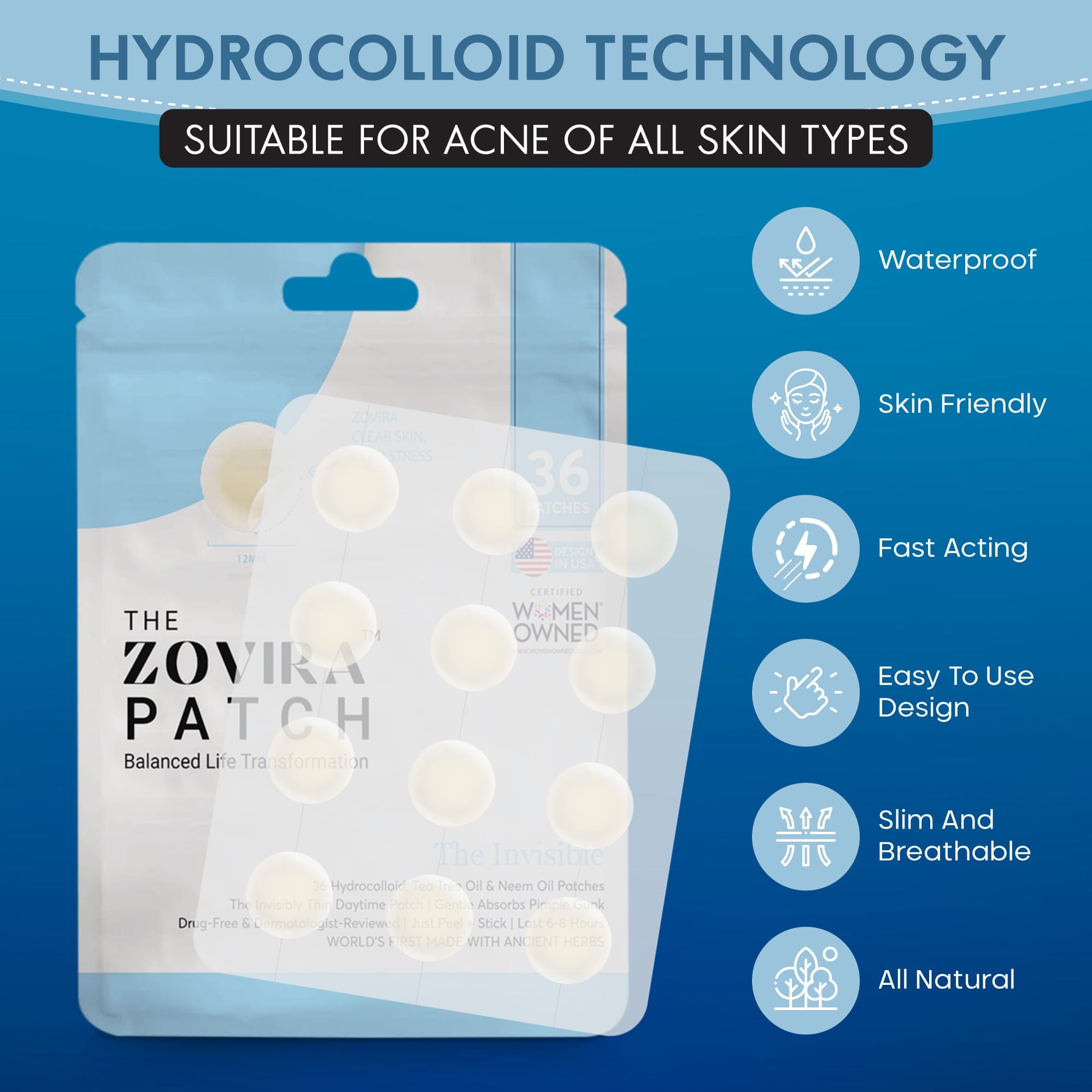 Hydrocolloid acne patches by Zovira: waterproof, skin-friendly, fast-acting, easy-to-use, slim, breathable, all-natural.