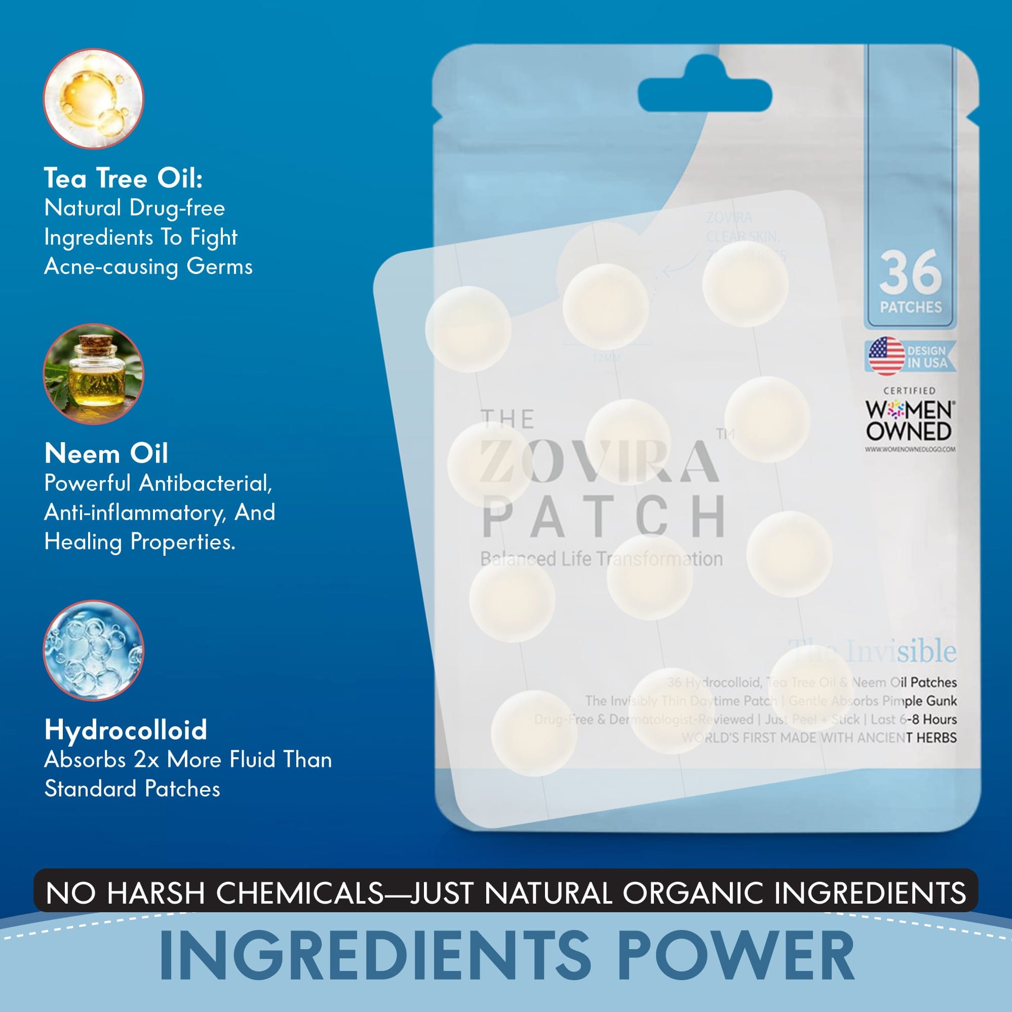 Zovira Invisible Pimple Patch packaging highlighting natural ingredients: tea tree oil, neem oil, and hydrocolloid for acne treatment.