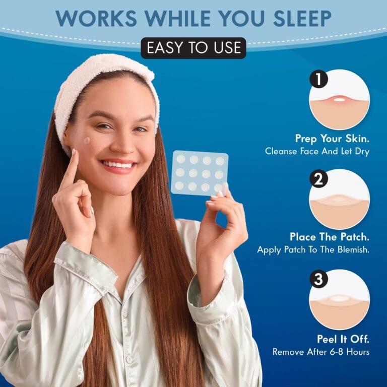 Woman demonstrating acne patch application, with easy-to-use step-by-step instructions for clear skin overnight.