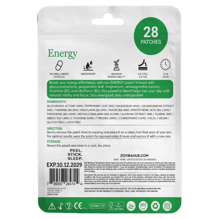 Energy patch packaging with 28 patches, ingredients, usage instructions, and benefits for vitality and focus.