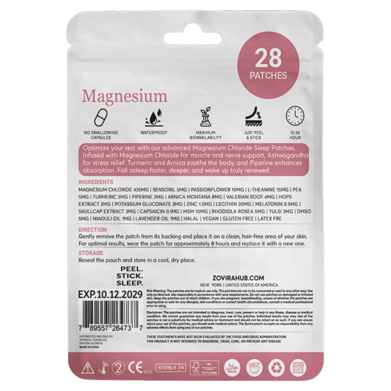 Magnesium Chloride Sleep Patches packaging, 28 patches, ingredients, instructions, optimize rest, bioavailability.