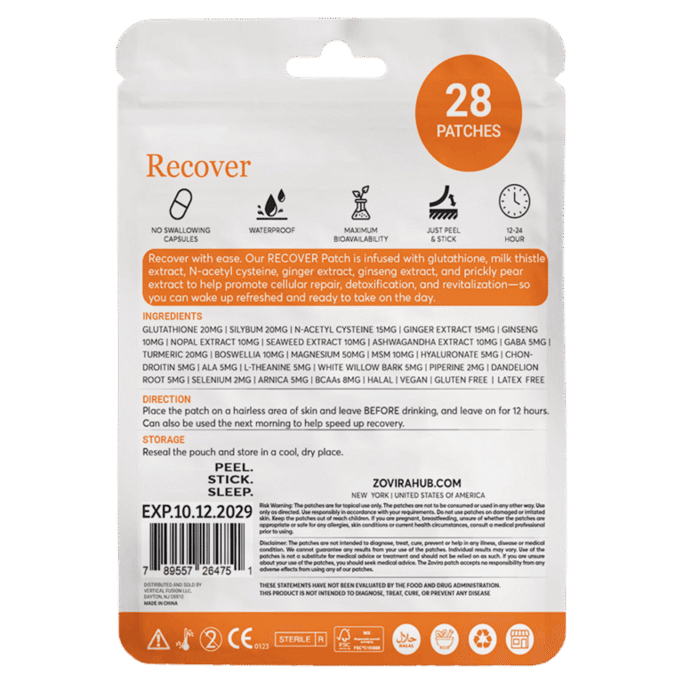 Recover patches with ingredients like glutathione, ginseng, and ginger for detox and rejuvenation, 28 count.