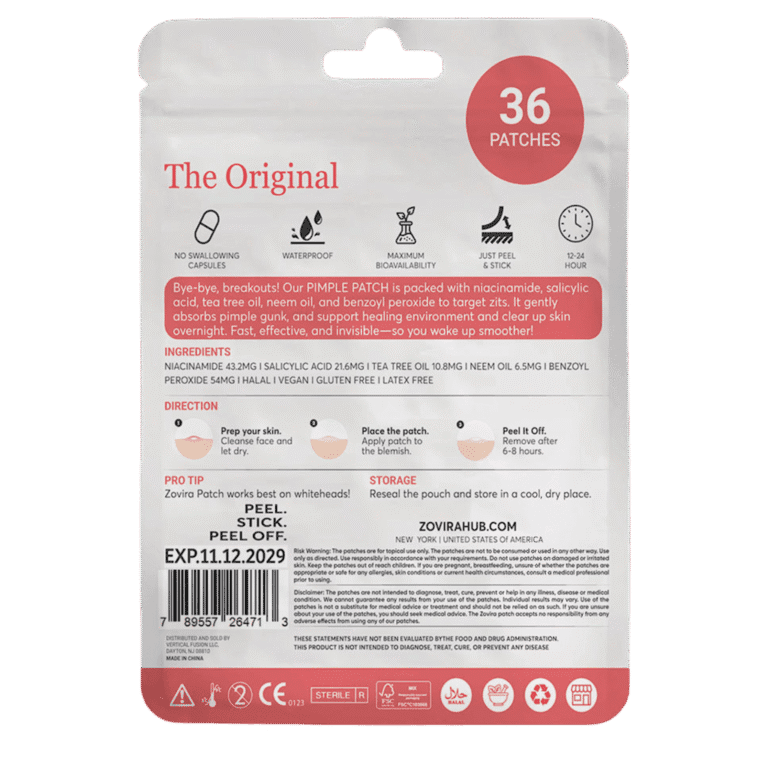 Back of Zovira Original Pimple Patch pack with 36 patches, featuring directions, ingredients, and benefits for clear skin.