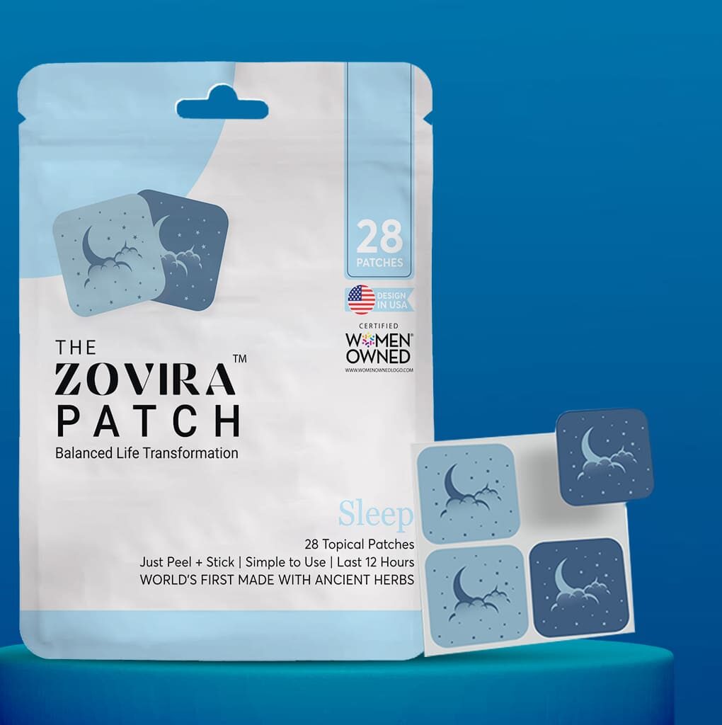 Zovira Sleep Patch pack with moon design, 28 topical patches for balanced life transformation, USA made, women owned.