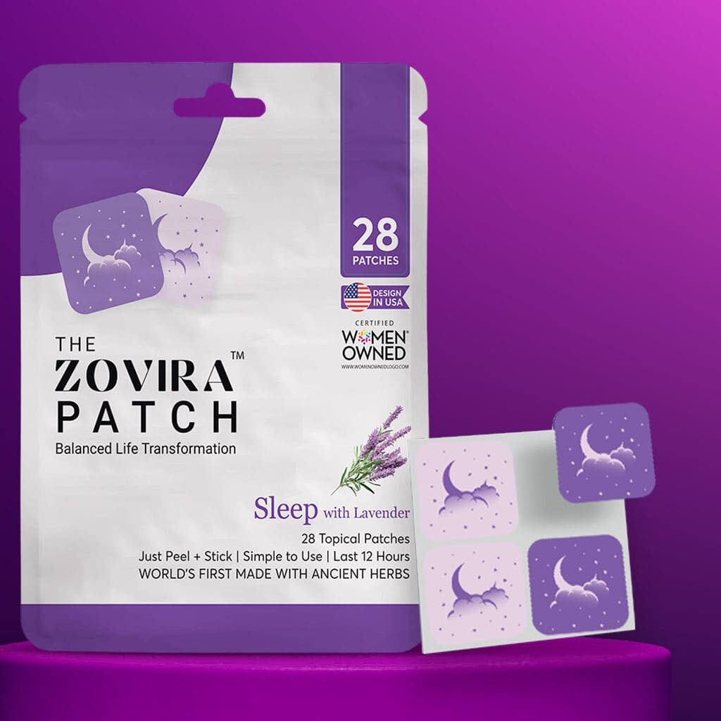 Zovira Patch packaging with lavender, promoting restful sleep. Contains 28 patches, designed and owned by women in the USA.