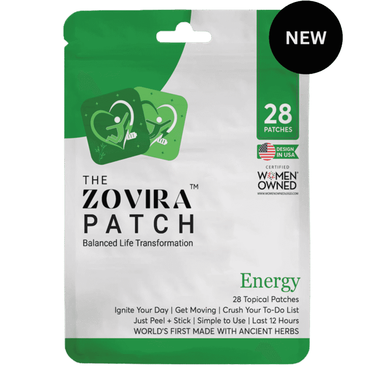 Energy patch packaging with 28 topical patches for balanced life transformation, designed in the USA, women-owned.