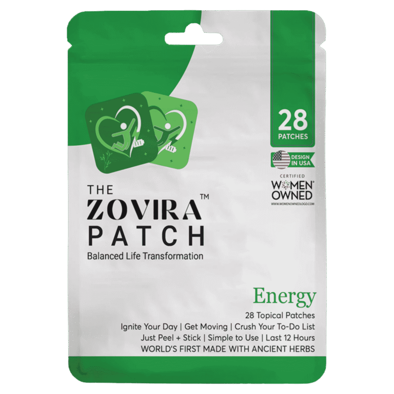 Energy patch packaging with 28 topical patches for balanced life transformation, designed in the USA, women-owned.