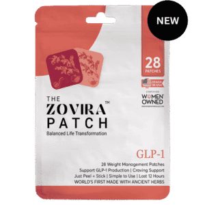 Zovira GLP-1 Patch packaging for weight management, features GLP-1 support, 28 patches, and women-owned certification.
