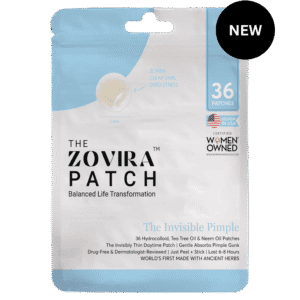 Zovira Invisible Patch packaging, 36 acne patches for clear skin, drug-free, dermatologist-reviewed, USA-made, women-owned.