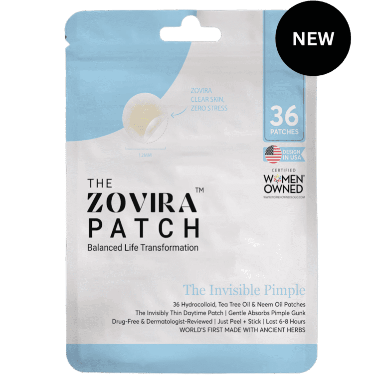 Zovira Invisible Patch packaging, 36 acne patches for clear skin, drug-free, dermatologist-reviewed, USA-made, women-owned.
