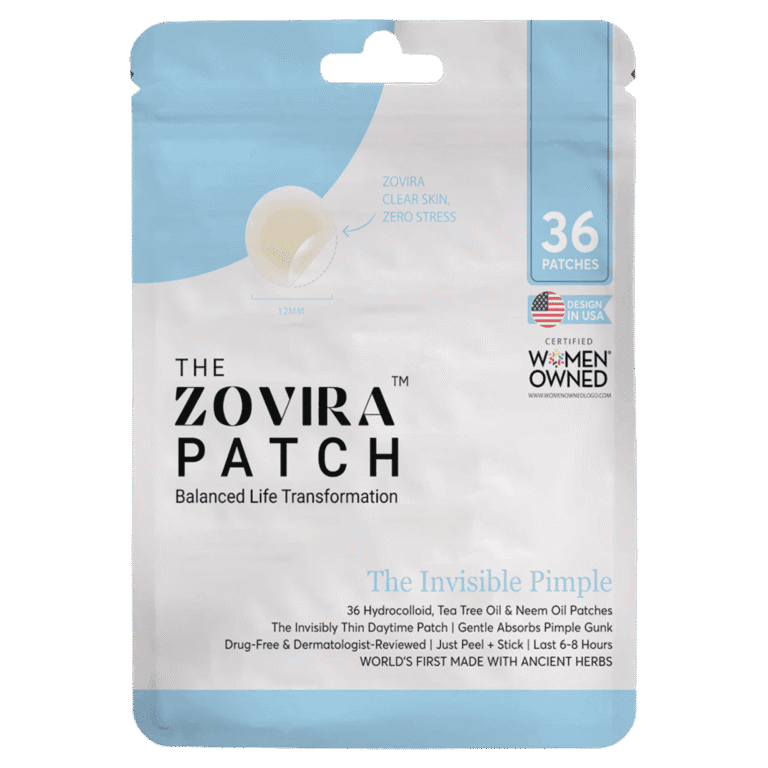 Zovira Invisible Patch packaging, 36 acne patches for clear skin, drug-free, dermatologist-reviewed, USA-made, women-owned.