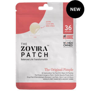 Zovira Original Patch package featuring 36 pimple patches with hydrocolloid, tea tree oil, and neem oil. Designed in USA.
