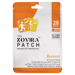 Zovira Recovery Patch packaging with Balanced Life Transformation and Recover. Design in USA, women-owned business logo.