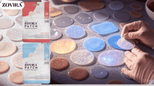 Gloved hands arranging colorful patches with Zovira Patch packaging displayed in the foreground.