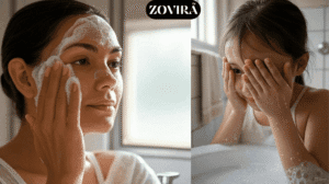 Woman using facial cleanser, child washing face with soap in bathroom. Zovira skincare routine.