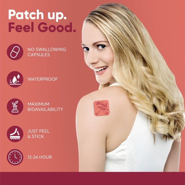 Woman smiling with patch on shoulder, featuring benefits: waterproof, high bioavailability, easy application.