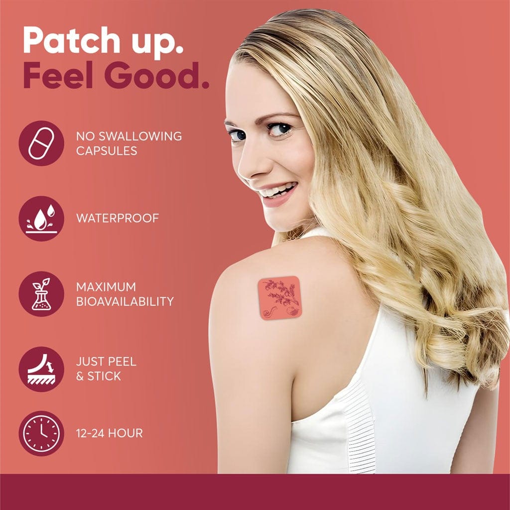 Woman smiling with patch on shoulder, featuring benefits: waterproof, high bioavailability, easy application.