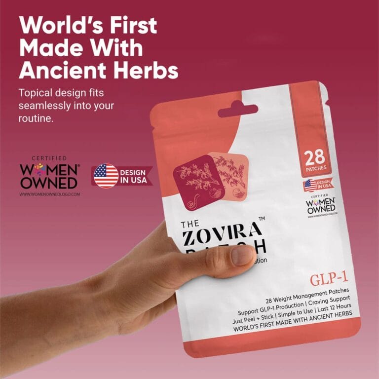Hand holding Zovira GLP-1 Patch packaging, world's first weight management patch with ancient herbs. Certified woman-owned.
